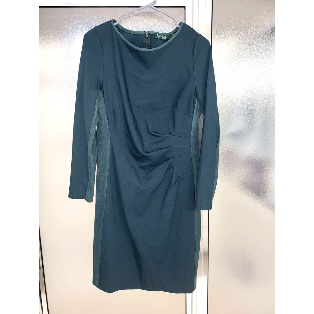 Lauren Ralph Lauren Dark Green Long Sleeve Side Ruche Dress - Size 8